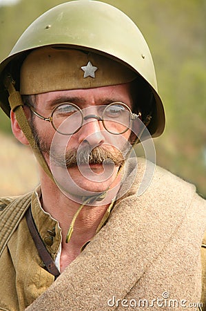 Military re - enactor in Russian soviet uniform world war II. Russian soldier. Editorial Stock Photo