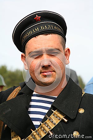 Military re - enactor in Russian soviet uniform world war II. Russian soldier - military sailor. Editorial Stock Photo