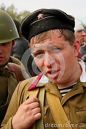 Military re - enactor in Russian soviet uniform world war II. Russian soldier - military sailor. Editorial Stock Photo