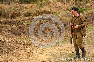 Military re - enactor in Russian soviet uniform world war II. Russian soldier - military sailor. Editorial Stock Photo