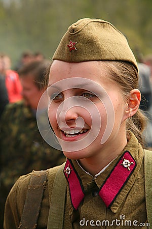 Military re - enactor in Russian soviet uniform world war II. Soviet female soldier in uniform of World War II Editorial Stock Photo