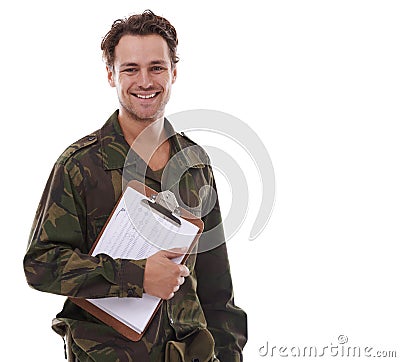 Military, recruitment and clipboard with portrait of man in studio for war, conflict and sign up. Army, surveillance and Stock Photo