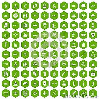 100 military resources icons hexagon green Vector Illustration