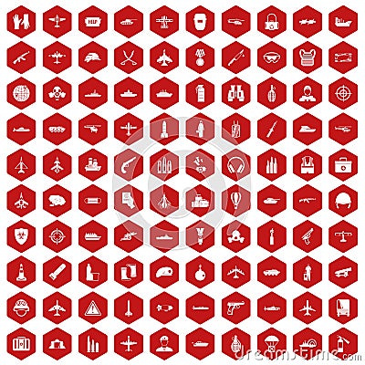 100 military resources icons hexagon red Vector Illustration