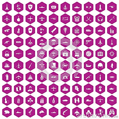 100 military resources icons hexagon violet Vector Illustration