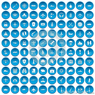 100 military resources icons set blue Vector Illustration