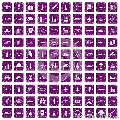 100 military resources icons set grunge purple Vector Illustration