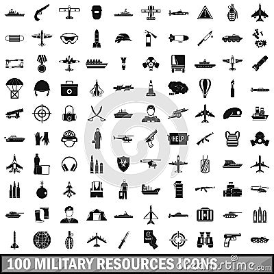 100 military resources icons set, simple style Vector Illustration