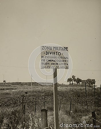 Military Restricted Area Sign in 1950s Italy Editorial Stock Photo