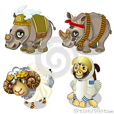 Military rhinoceros, sheep and monkey cosmonaut Vector Illustration