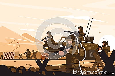 Military roadblock with soldiers Vector Illustration