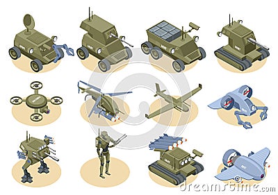 Military Robots Isometric Icons Set Vector Illustration