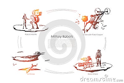 Military robots - robots in battle, underwater sapper, roket attack, air drones vector concept set Vector Illustration