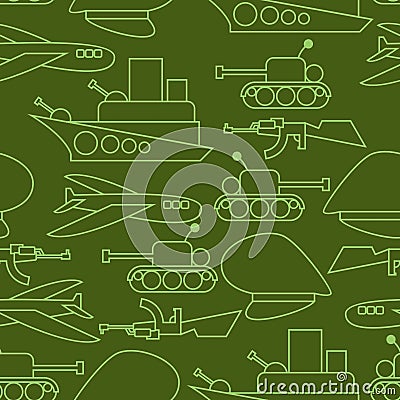 Military seamless pattern. Ship and tank. Auto and aircraft. Arm Vector Illustration