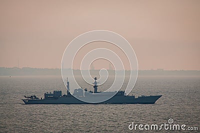 Military ship naval forces sailing in the sea Stock Photo