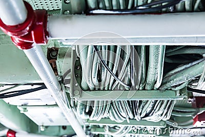 Military ship pipeline and wiring. Stock Photo