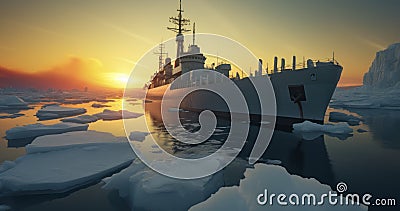 A Military Ship's Strategic Manoeuvres Among Icebergs at Sunset Stock Photo