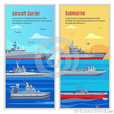 Military Ships Vertical Banners Vector Illustration