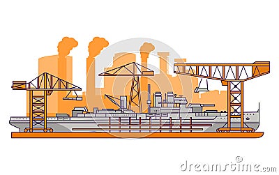 Military shipyard factory.Warship flat line art vector. Vector Illustration