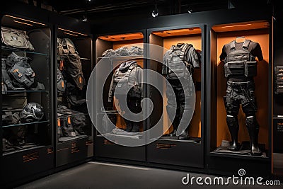 Military shop display featuring tactical vests and helmets. Generative AI Stock Photo