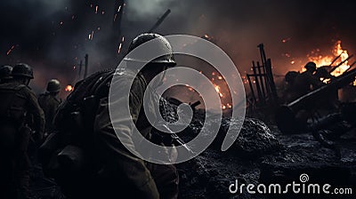 Military silhouettes fighting scene on war fog sky background. Stock Photo
