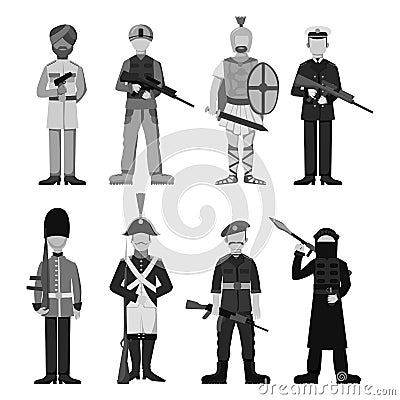 Military soldier character weapon monochrome armor man silhouette forces design and american fighter ammunition navy Vector Illustration