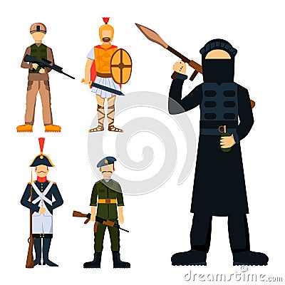 Military soldier character weapon symbols armor man silhouette forces design and american fighter ammunition navy Vector Illustration