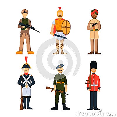 Military soldier character weapon symbols armor man silhouette forces design and american fighter ammunition navy Vector Illustration