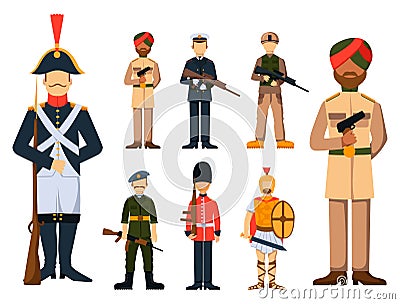 Military soldier character weapon symbols armor man silhouette forces design and american fighter ammunition navy Vector Illustration