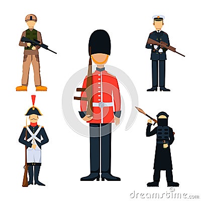 Military soldier character weapon symbols armor man silhouette forces design and american fighter ammunition navy Vector Illustration