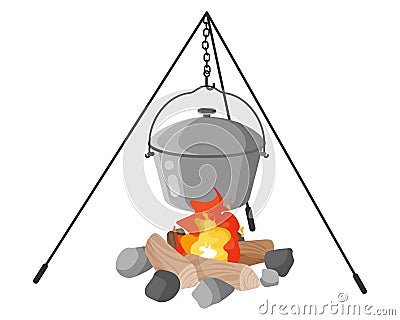 Military soldier metal camping pot or mess kit on fire with tripod for cooking. Touristic equipment for camping Vector Illustration