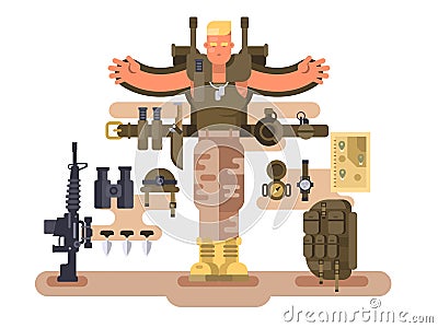 Military soldier rookie and ammunition design flat Vector Illustration