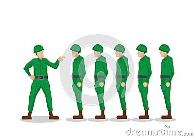 Military soldiers in green uniform getting scolded by their team army officer. Vector Illustration