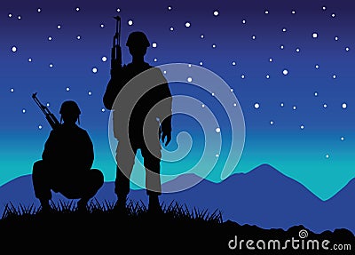 Military soldiers with guns silhouettes figures at night scene Vector Illustration