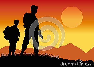 Military soldiers silhouettes figures in the camp sunset scene Vector Illustration