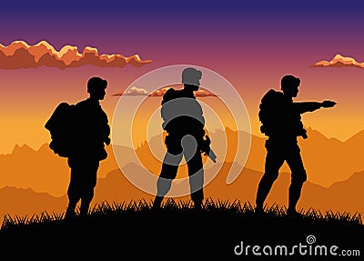 Military soldiers silhouettes figures in the camp sunset scene Vector Illustration