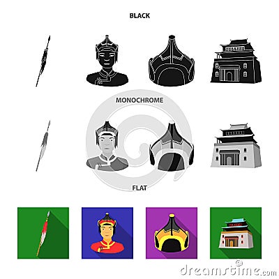 Military spear, Mongolian warrior, helmet, building.Mongolia set collection icons in black, flat, monochrome style Vector Illustration