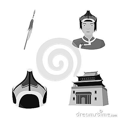 Military spear, Mongolian warrior, helmet, building.Mongolia set collection icons in monochrome style vector symbol Vector Illustration