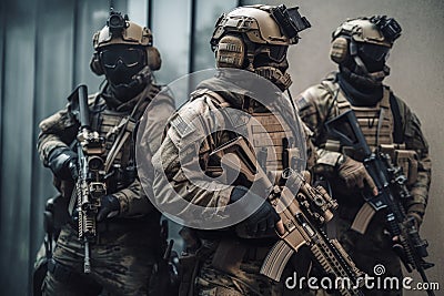 A military special force with futuristic tactical gear and weapons. Modern warfare infantry troops with assault rifles and Stock Photo