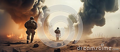 military special forces soldiers crosses destroyed warzone through fire and smoke in the desert, wide poster design with copy Stock Photo