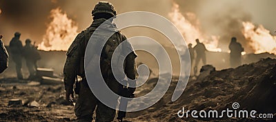 Military special forces soldiers are depicted crossing through a destroyed warzone amid fire and smoke. Generative AI Stock Photo