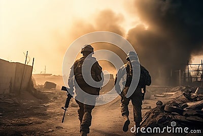 Military special forces soldiers are depicted crossing through a destroyed warzone amid fire and smoke. Generative AI Stock Photo