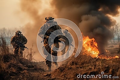 Military special forces soldiers are depicted crossing through a destroyed warzone amid fire and smoke. Generative AI Stock Photo