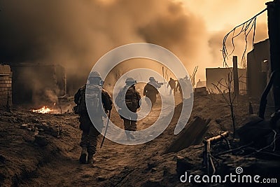 Military special forces soldiers are depicted crossing through a destroyed warzone amid fire and smoke. Generative AI Stock Photo
