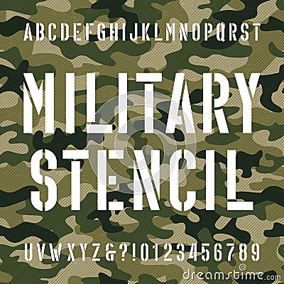 Military stencil alphabet font. Type letters and numbers on distressed camo seamless background. Vector Illustration