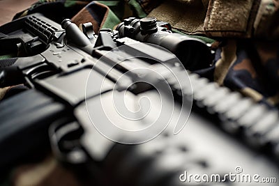 Assault rifle and army uniform Stock Photo