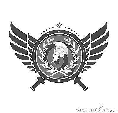 Military symbol a Spartan helmet on a board with among wings. Vector Illustration