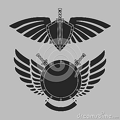 Military symbol a sword on a board among wings. Vector Illustration