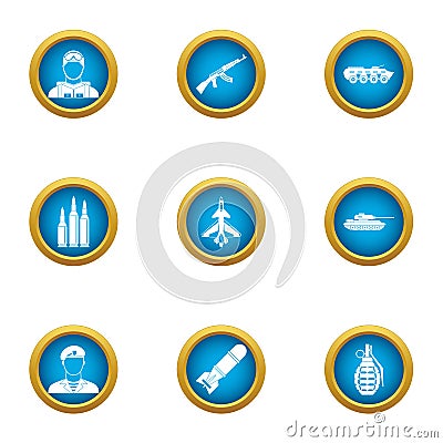 Military takeover icons set, flat style Vector Illustration