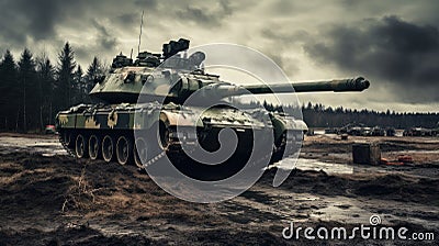 Military tank on the battlefield in stormy weather. Stock Photo